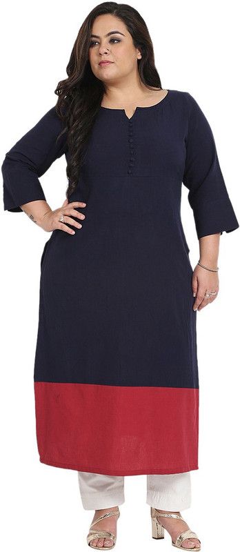 Women Colorblock Cotton Blend Straight Kurta  (Dark Blue)