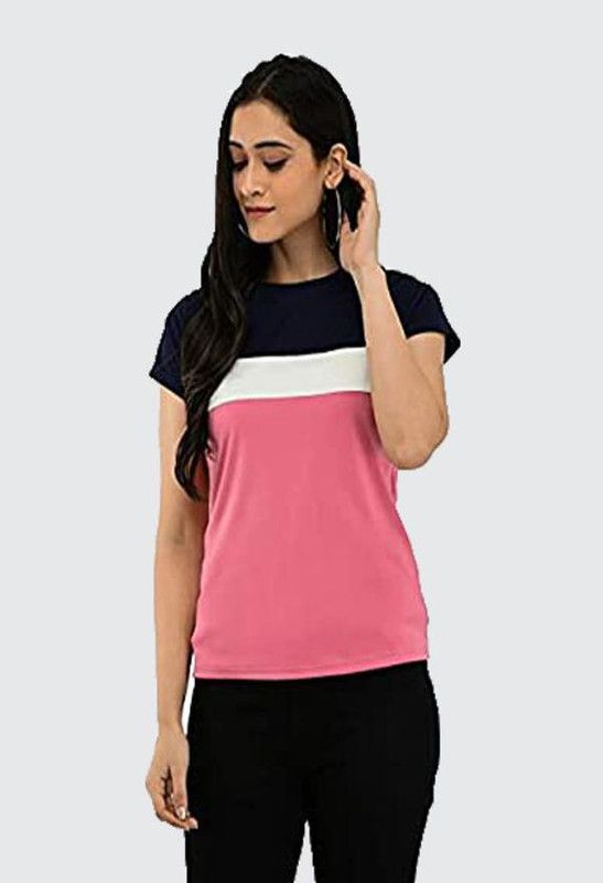 Women Colorblock Round Neck Cotton Blend Dark Blue, White, Pink T-Shirt