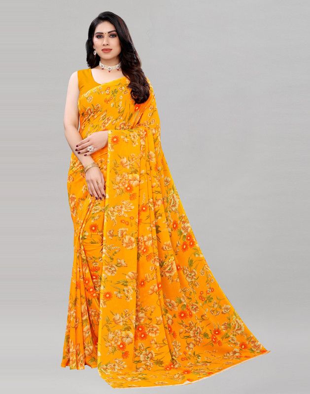 Floral Print, Printed Bollywood Georgette Saree  (Yellow)