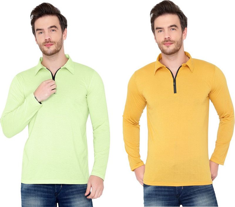 Pack of 2 Men Solid Polo Neck Cotton Blend Green, Gold T-Shirt