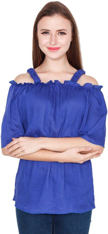 Casual Cold Shoulder Sleeves Solid Women Blue Top