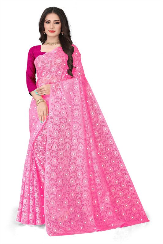 Polka Print Bollywood Net Saree  (Pink)