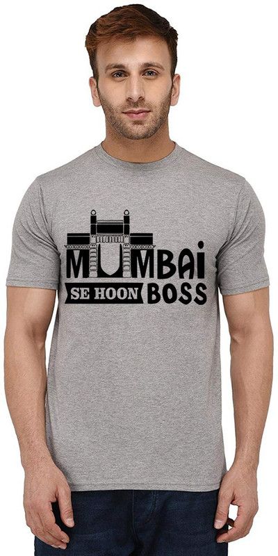 Mumbai Sa Hoon Boss Men Printed Round Neck Pure Cotton Grey T-Shirt