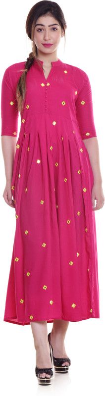 Women Embroidered Cotton Blend Flared Kurta  (Pink)