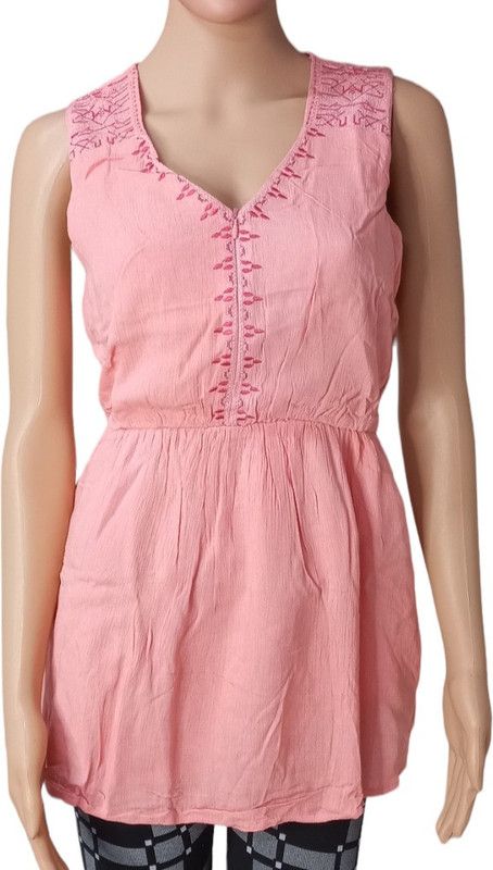 Casual Sleeveless Embroidered, Lace, Solid Women Pink Top