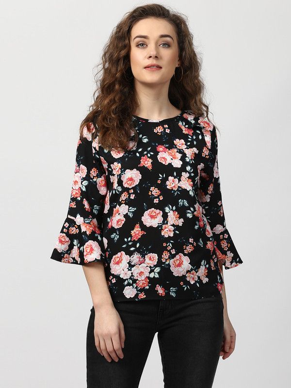 Casual Flared Sleeves Printed, Floral Print Women Black Top