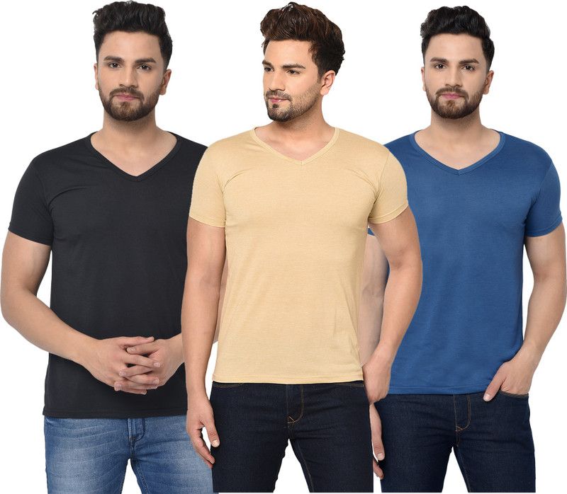 Pack of 3 V Neck T-Shirt Combo of 3 Men Solid V Neck Cotton Blend Blue, Black, Beige T-Shirt