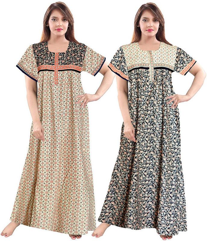 Women Nighty Set  (Beige, Black)