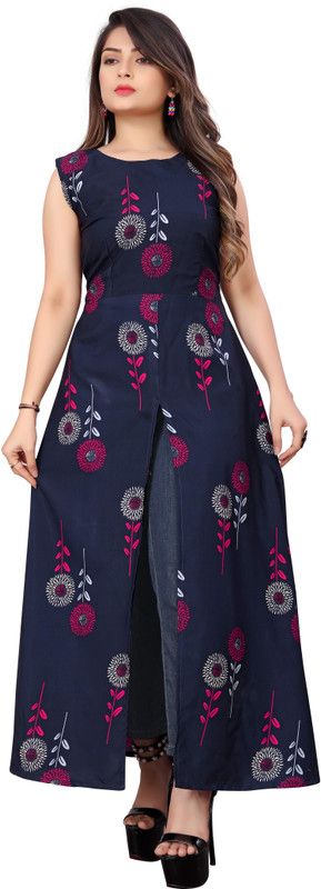 Women Floral Print Crepe Frontslit Kurta  (Blue)