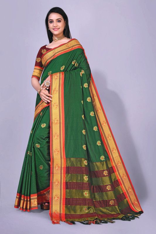 Self Design, Temple Border, Embroidered, Woven, Dyed, Checkered Paithani Cotton Blend, Cotton Silk Saree  (Green)