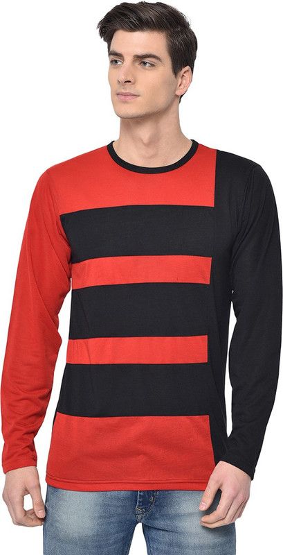 Men Colorblock Round Neck Cotton Blend Red, Black T-Shirt