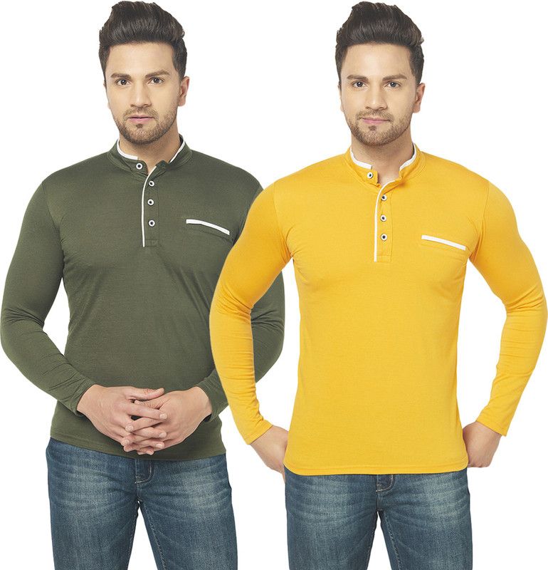 Pack of 2 Men Solid Henley Neck Cotton Blend Dark Green, Yellow T-Shirt
