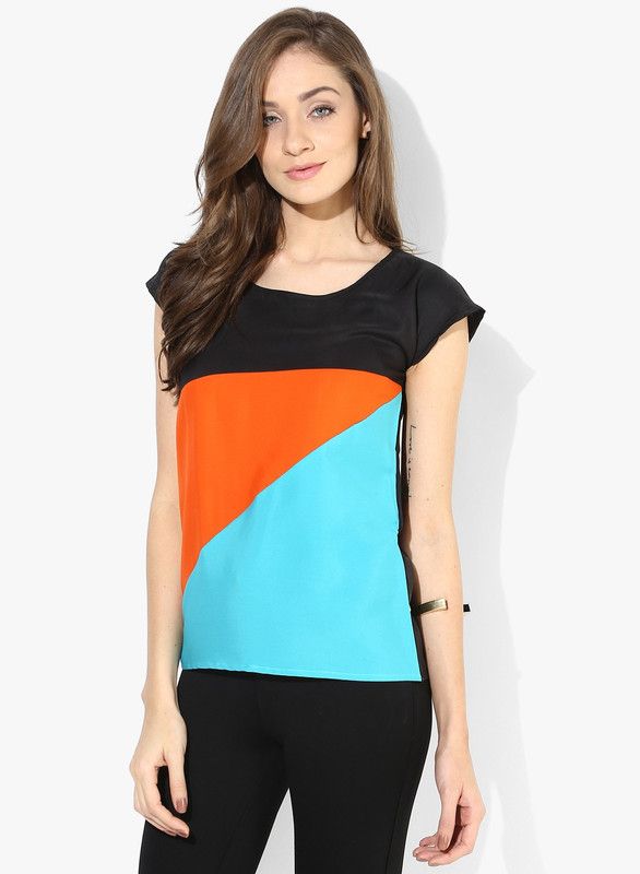 Casual Cap Sleeves Color Block Women Blue, Black, Orange Top