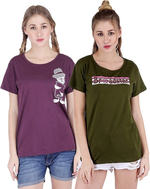 Pack of 2 Women Printed Round Neck Cotton Blend Purple, Green T-Shirt