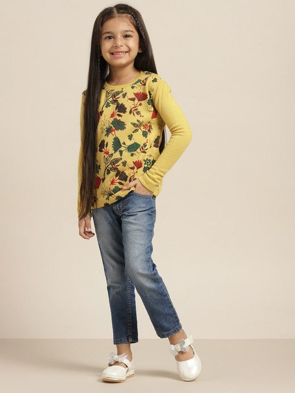 Girls Printed Round Neck Yellow Sweater