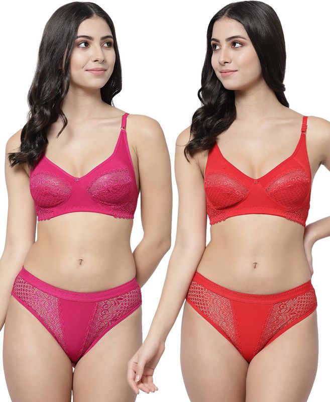 Bra & Panty Set Self Design Pink, Red Lingerie Set