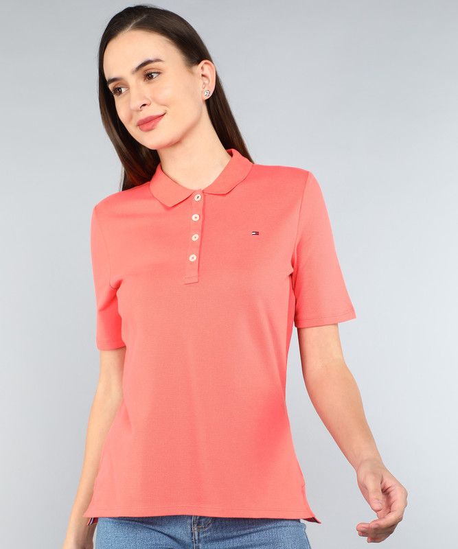 Women Solid Polo Neck Pure Cotton Orange T-Shirt