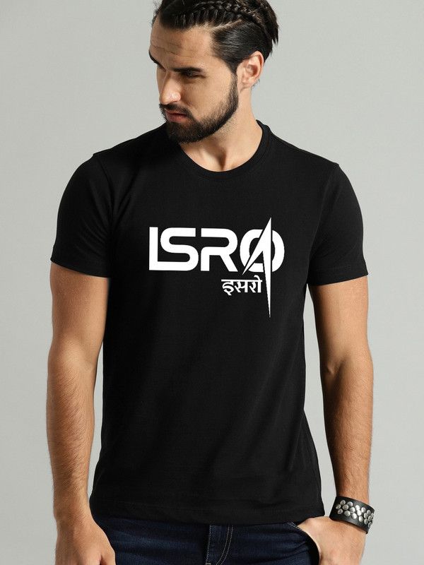 ISRO Logo Men Printed Round Neck Pure Cotton Black T-Shirt