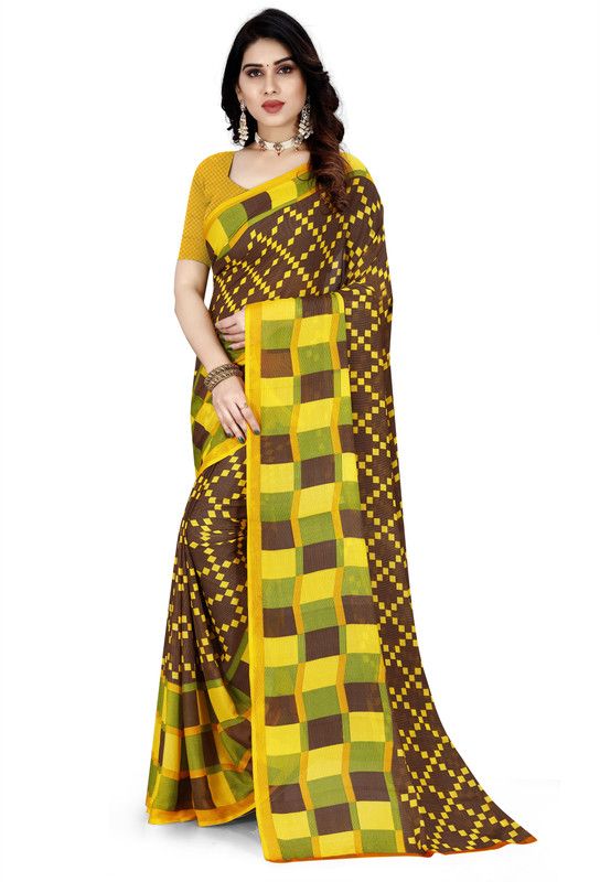 Printed, Self Design Daily Wear Georgette, Silk Blend Saree  (Brown)