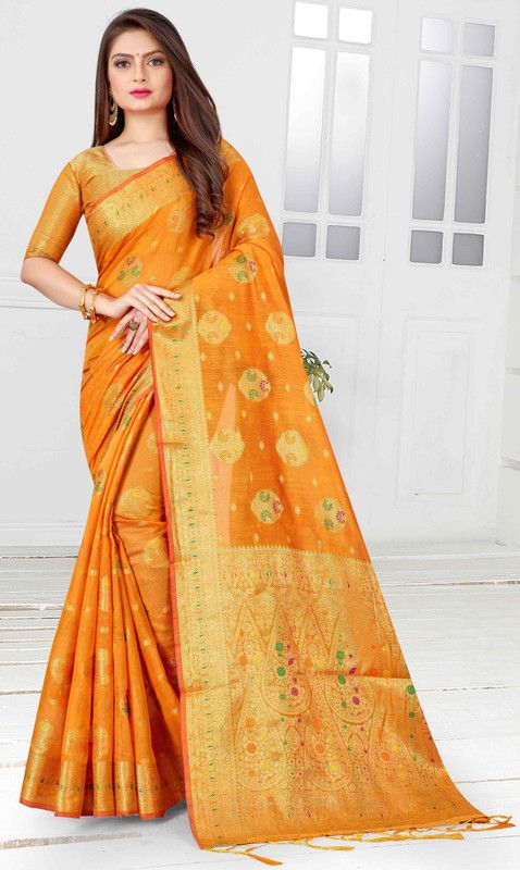 Printed Kanjivaram Cotton Silk Saree  (Orange)