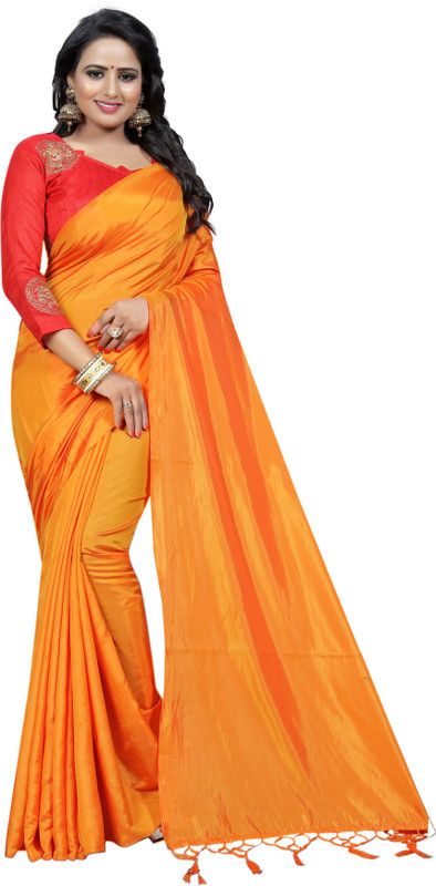 Embroidered, Solid/Plain Bollywood Silk Blend Saree  (Orange)