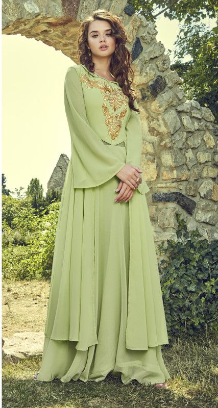 Women Embroidered Georgette Flared Kurta  (Light Green)