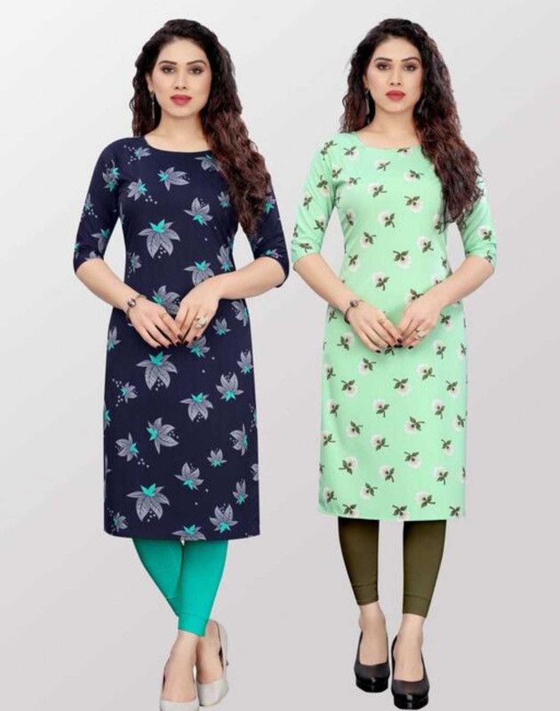 Pack of 2 Women Floral Print Crepe Straight Kurta  (Dark Blue)