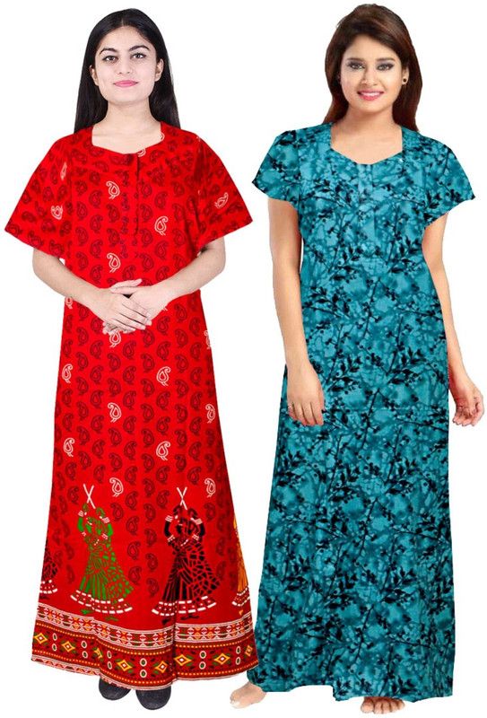 Pack of 2 Women Nighty Set  (Green, Red)