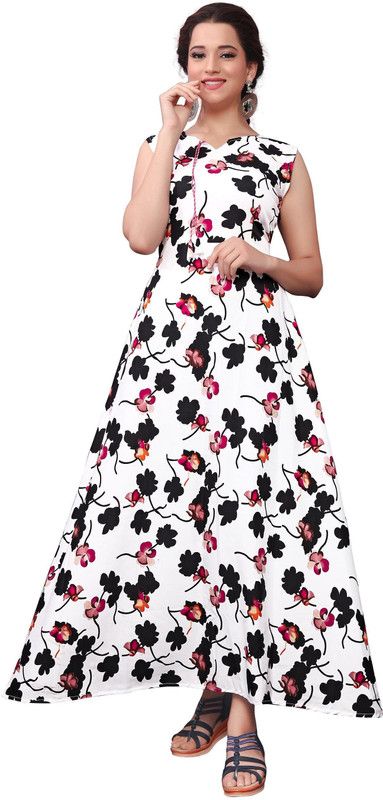 Women Printed Crepe A-line Kurta  (White, Black)