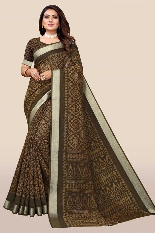 Fashion Linen Saree  (Brown, Silver)