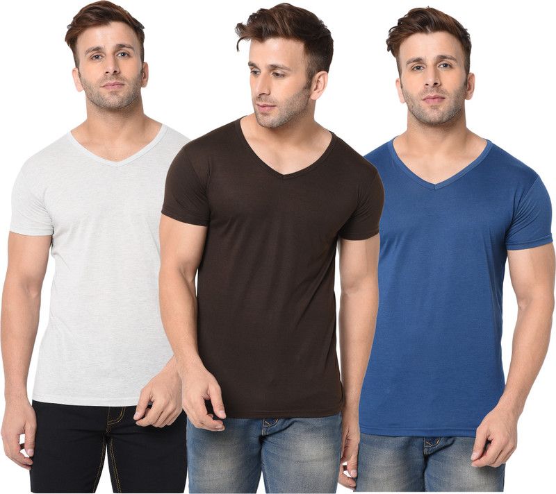 Pack of 3 Men Solid V Neck Cotton Blend White, Blue, Brown T-Shirt