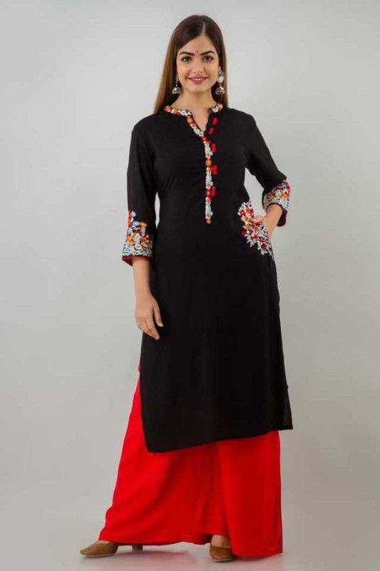Pack of 2 Women Embroidered Viscose Rayon A-line Kurta  (Black)