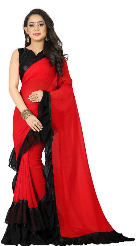 Solid/Plain Bollywood Art Silk Saree  (Red, Black)