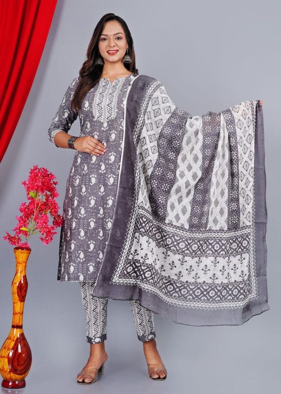 Pack of 2 Women Printed Viscose Rayon Straight Kurta  (Grey)