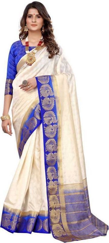Woven Kanjivaram Silk Blend Saree  (Blue, White)