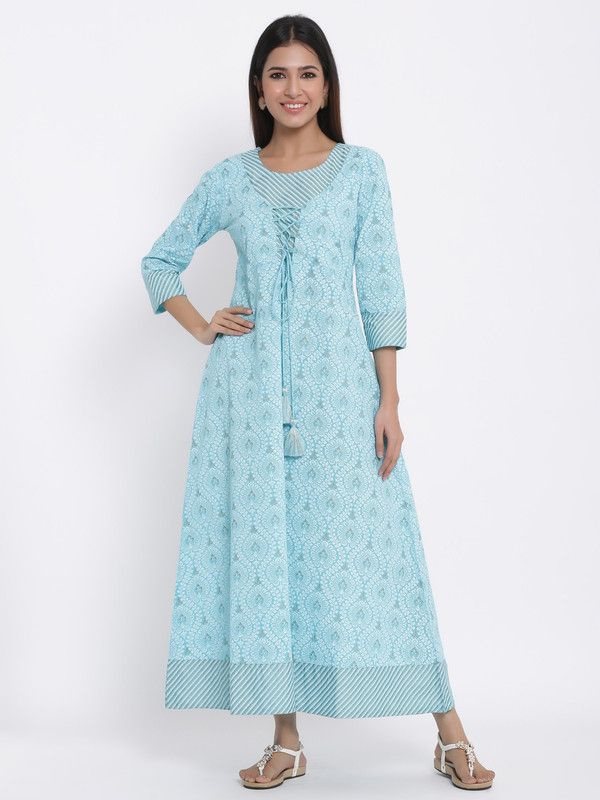 Printed Cotton Blend Stitched Anarkali Gown  (Light Blue)