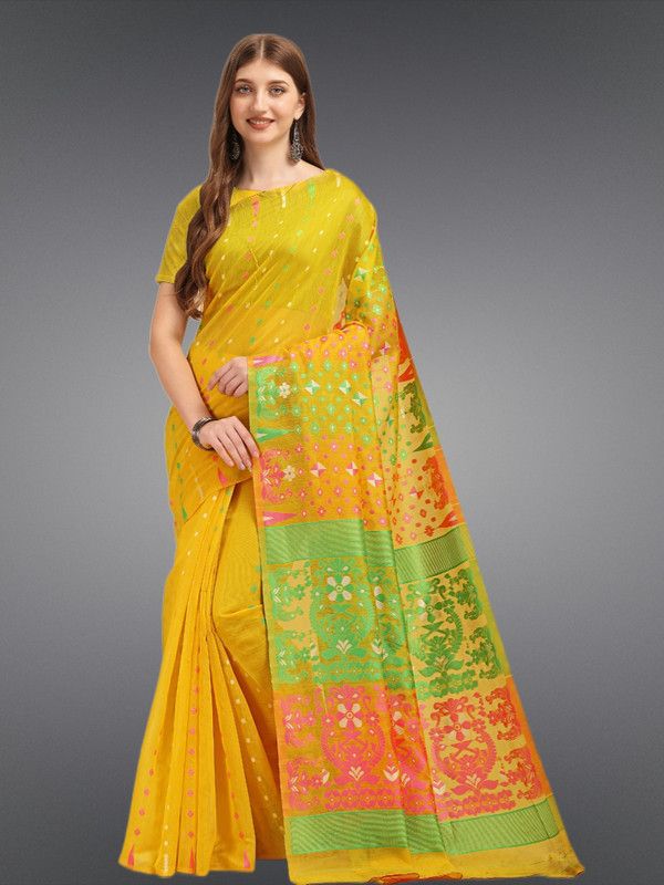 Woven Jamdani Muslin, Cotton Silk Saree  (Yellow)