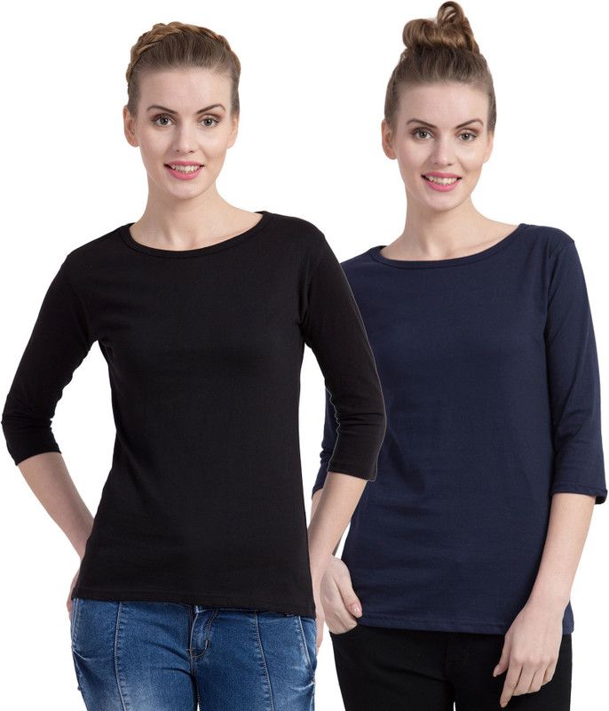 Pack of 2 Women Self Design, Solid Boat Neck Pure Cotton Dark Blue, Black T-Shirt