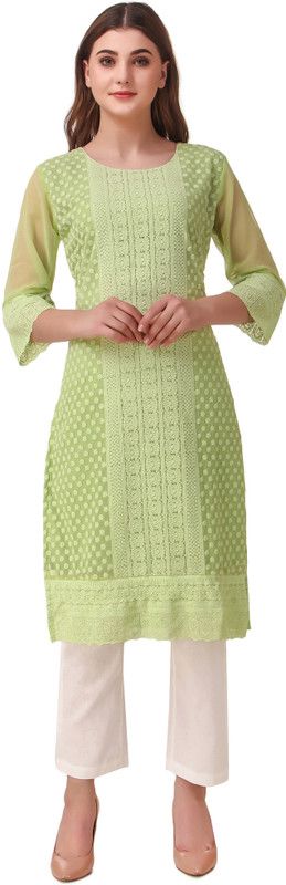 Women Chikan Embroidery Kurta  (Light Green)