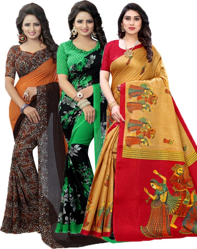 Printed Daily Wear Georgette Saree  (Pack of 3, Orange, Green, Cream)