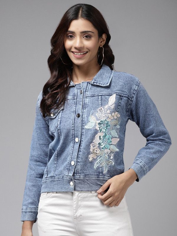 Women Floral Print Denim Jacket