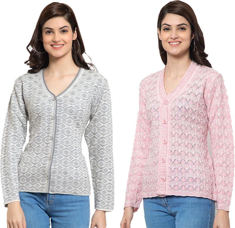 Women Printed V Neck Grey, Pink Sweater