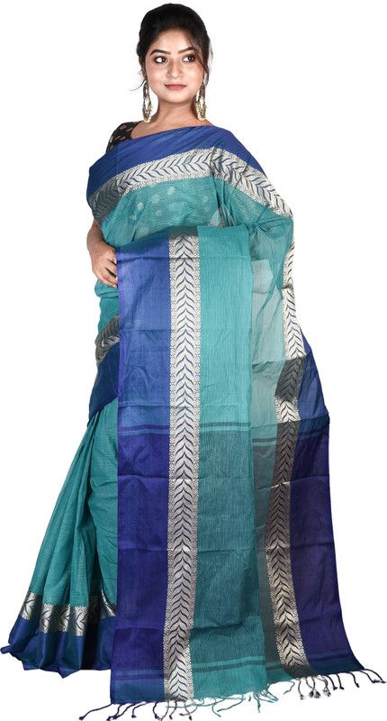 Handloom Pure Cotton Saree  (Blue)