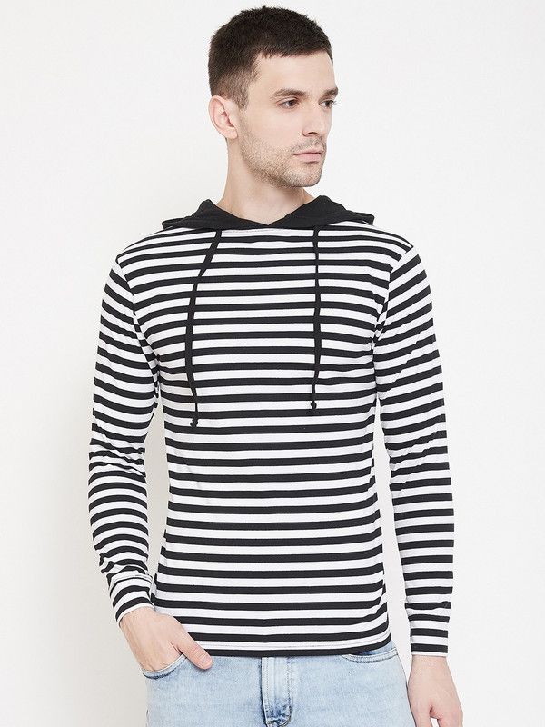 Anti Corona T-shirt- GSHDFSANTI2443STR Men Striped Hooded Neck Cotton Blend White, Black T-Shirt