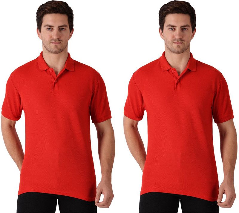 Pack of 2 Men Solid Polo Neck Cotton Blend Red T-Shirt
