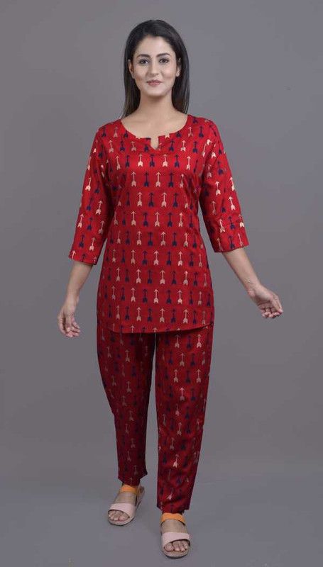 Women Geometric Print Red Top & Pyjama Set