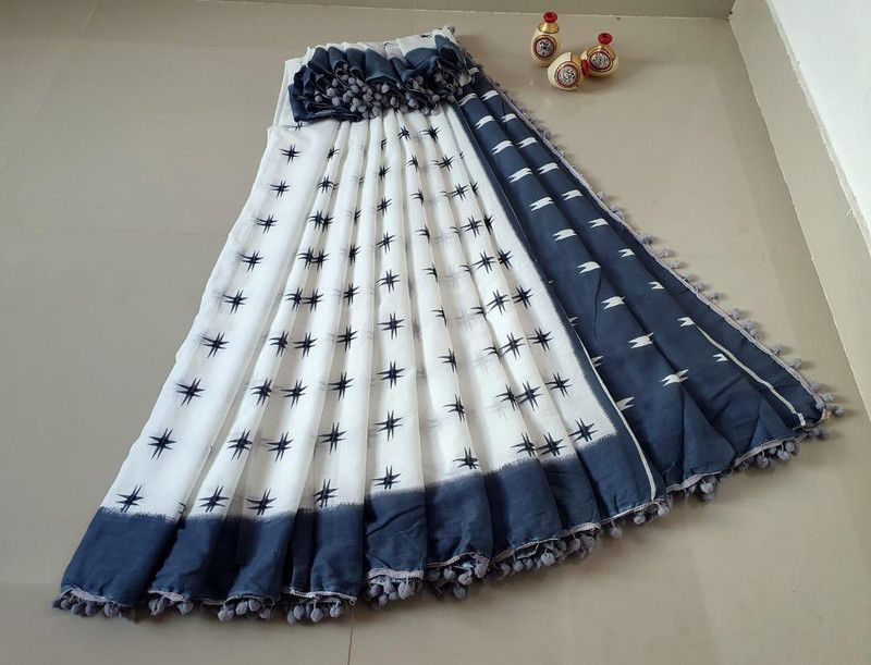 Printed Daily Wear Pure Cotton Saree  (White, Blue)