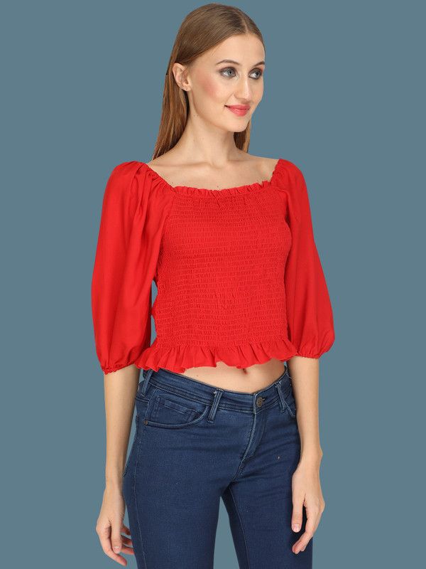 Party Balloon Sleeve Solid Women Red Top