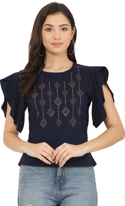 Party Butterfly Sleeves Embellished Women Blue Top