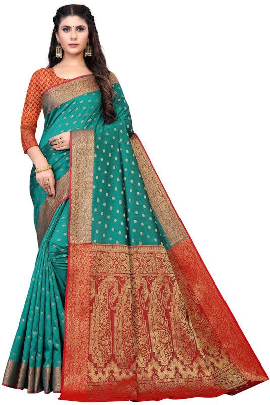 Self Design Kanjivaram Jacquard Saree  (Light Blue, Red)